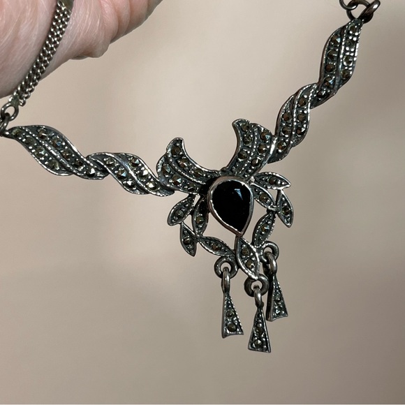 Antique Art Deco 1920's Sterling Silver Marcasite black Onyx Choker necklace - Picture 16 of 17